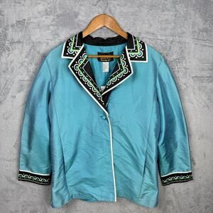Bob Mackie‎ Women's Wearable Art Blue Silk Jacket Blazer Large NWT embroidered